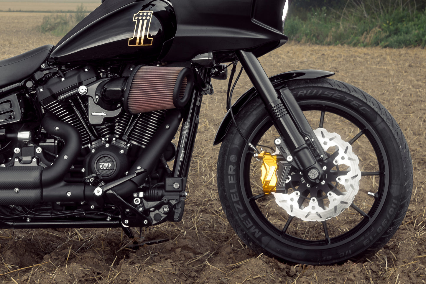 Harley Davidson motorcycle with Killer Custom fat bob and low ride lower fork covers from the side in a nature environment
