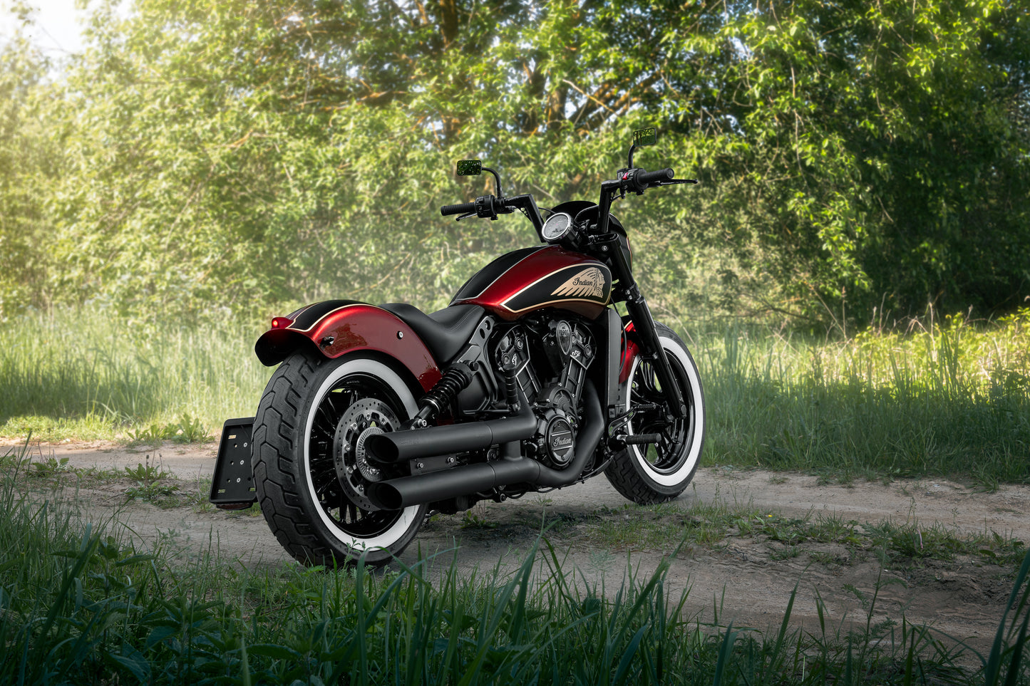 Harley Davidson motorcycle with Killer Custom "Apache" rear fender from the side on the forest ruts
