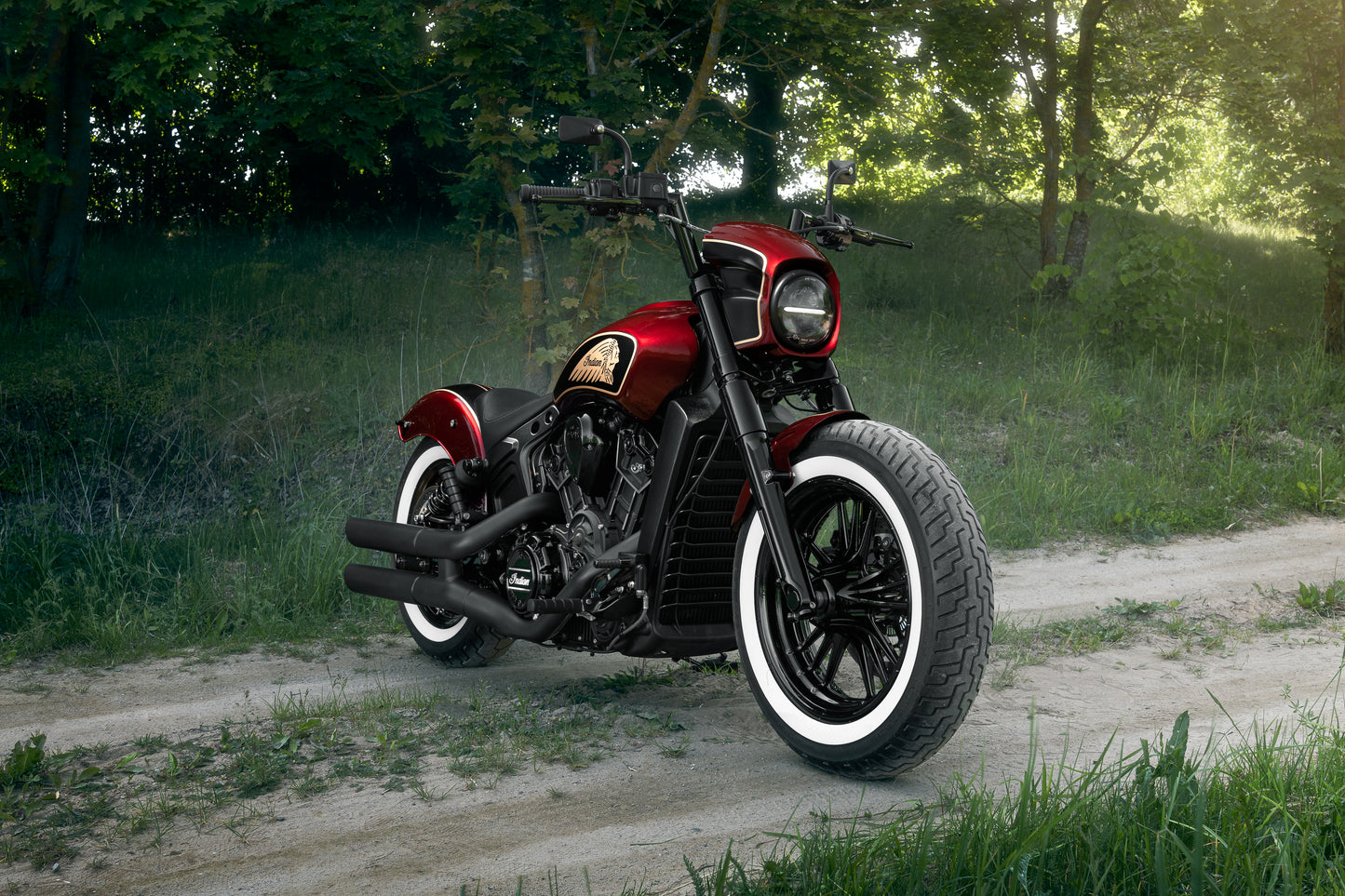 Harley Davidson motorcycle with Killer Custom "Tomahawk" series headlight fairing from the side in the forest