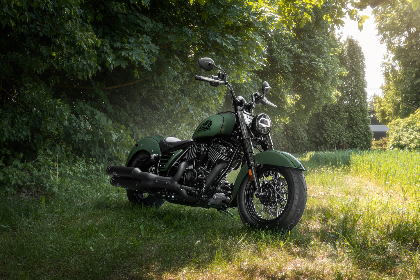 Harley Davidson motorcycle with Killer Custom "Apache" front fender from the side in the forest on a sunny day