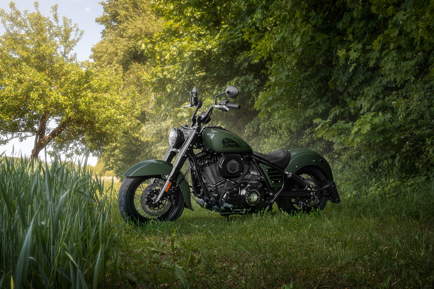 Harley Davidson motorcycle with Killer Custom license plate bracket from the side outside on a sunny day surrounded by greenery