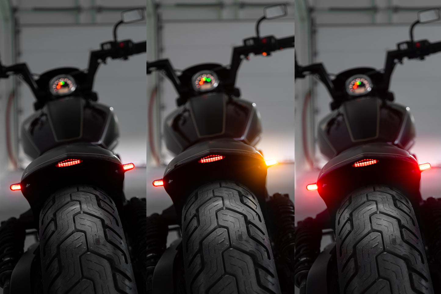 3x Harley Davidson motorcycle with Killer Custom "Mohawk" led rear taillight/turn signal combo from the rear in a modern garage