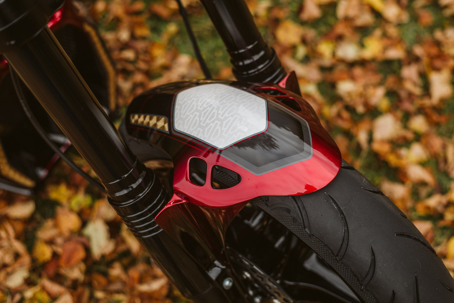 Harley Davidson motorcycle with Killer Custom "Avenger" front fender from above  outside with fallen leaves in the background
