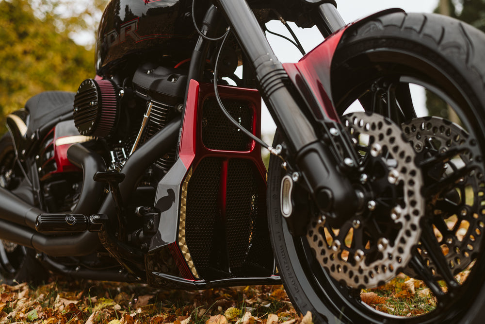 Zoomed Harley Davidson motorcycle with Killer Custom lower fork covers from the front outside with fallen leaves in the background