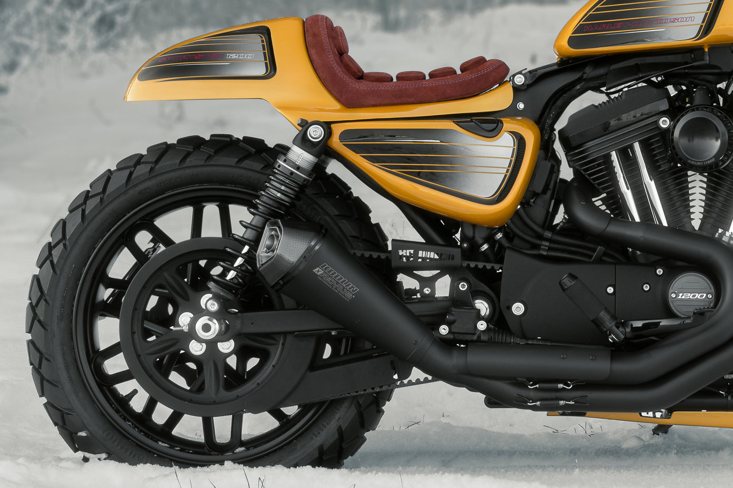 Harley Davidson motorcycle with Killer Custom sporster side covers kit from the side with visible snow in the background