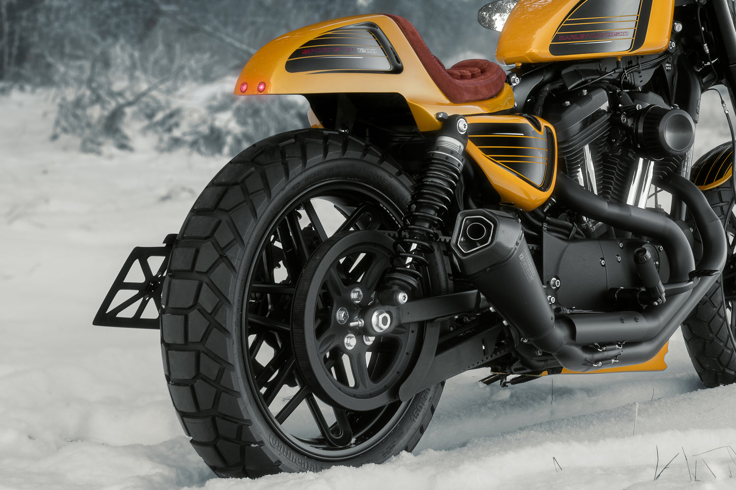 Harley Davidson motorcycle with Killer Custom sporster side covers kit from the rear outside on a winter day