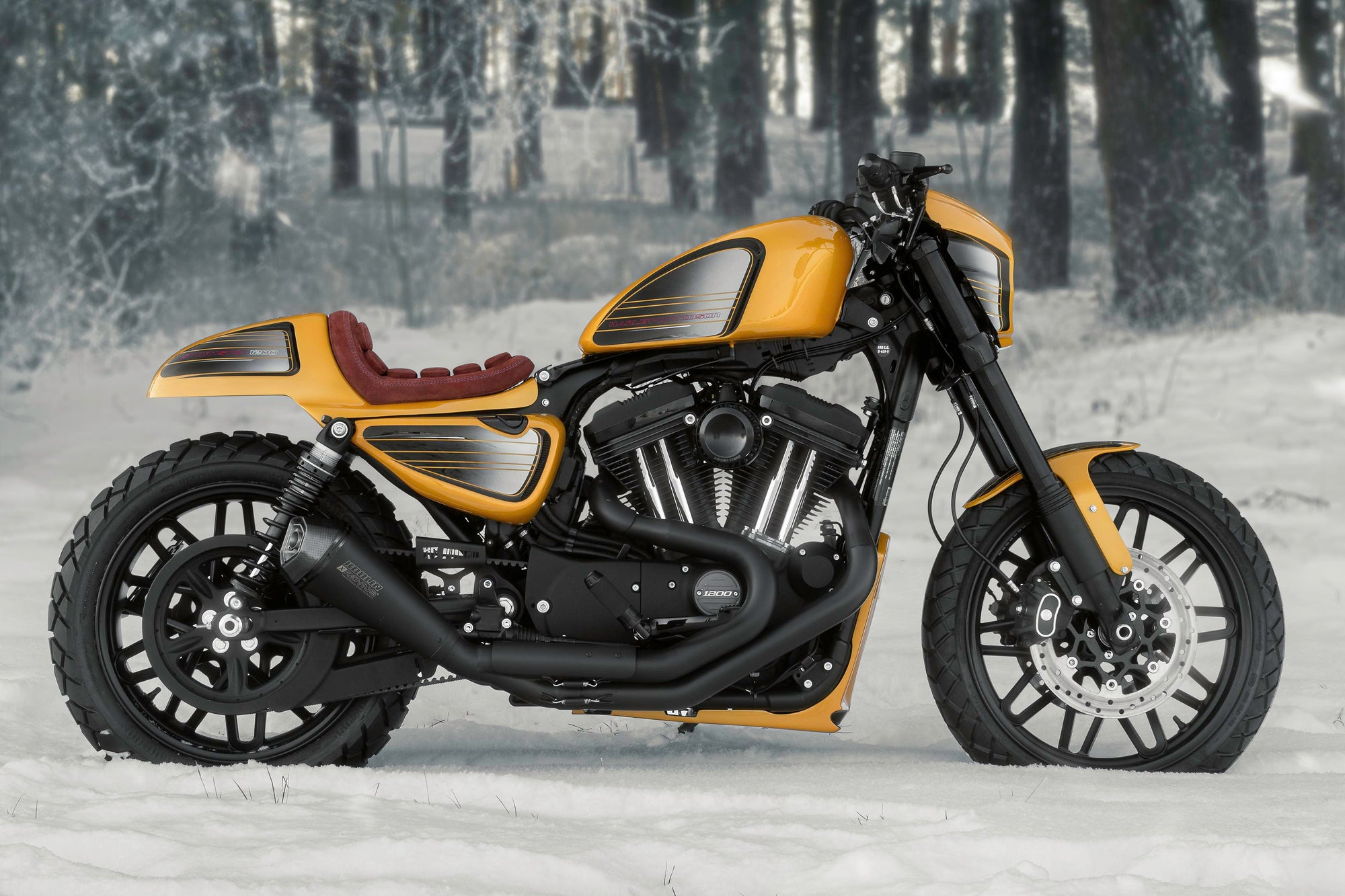 Modified Harley Davidson Roadster motorcycle with Killer Custom parts from the side outside on a winter day with some snowy trees in the background