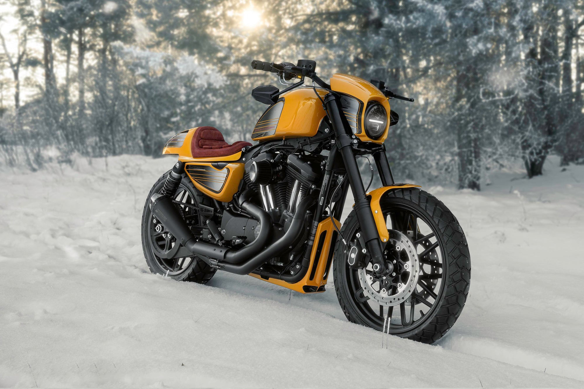 Harley Davidson motorcycle with Killer Custom parts from the side outside on a sunny winter day with some snowy trees in the background