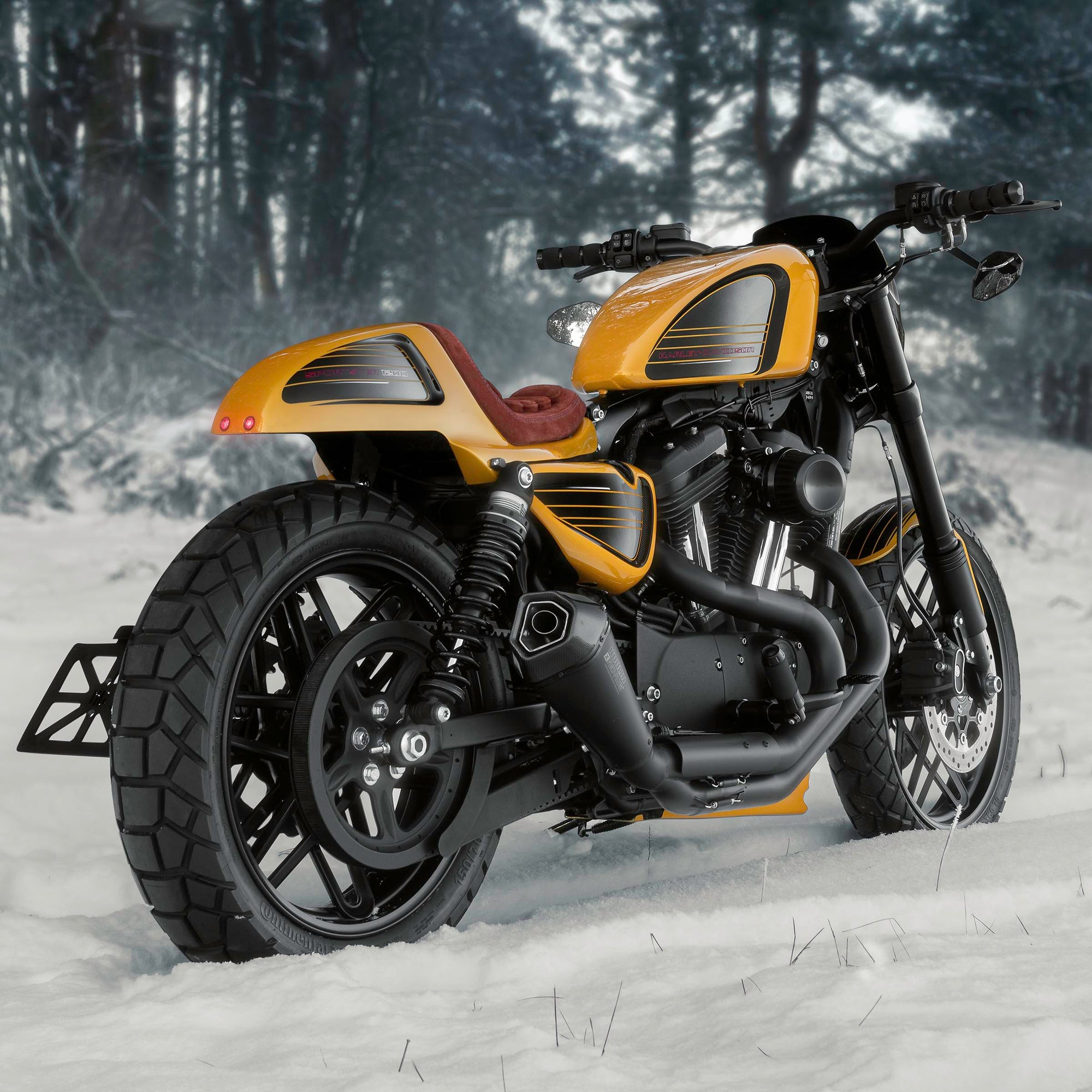 Harley Davidson motorcycle with Killer Custom parts from the rear with some snowy trees in the background