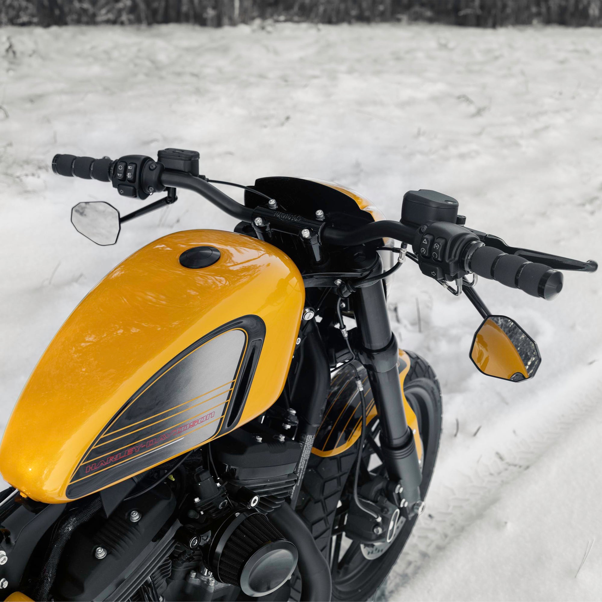 Zoomed Harley Davidson motorcycle with Killer Custom parts from the rear with some snow in the background
