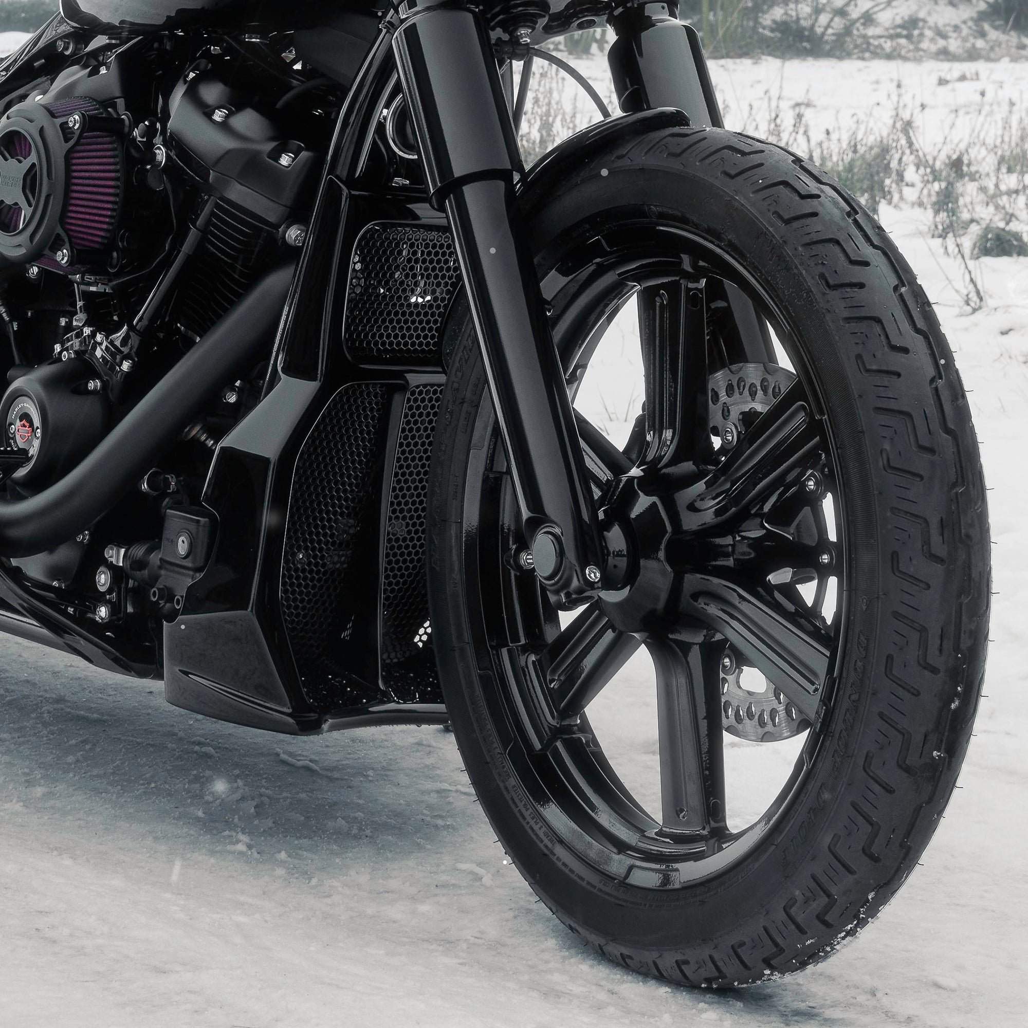 Zoomed Harley Davidson Softail motorcycle with Killer Custom parts from the front outside on a snowy day