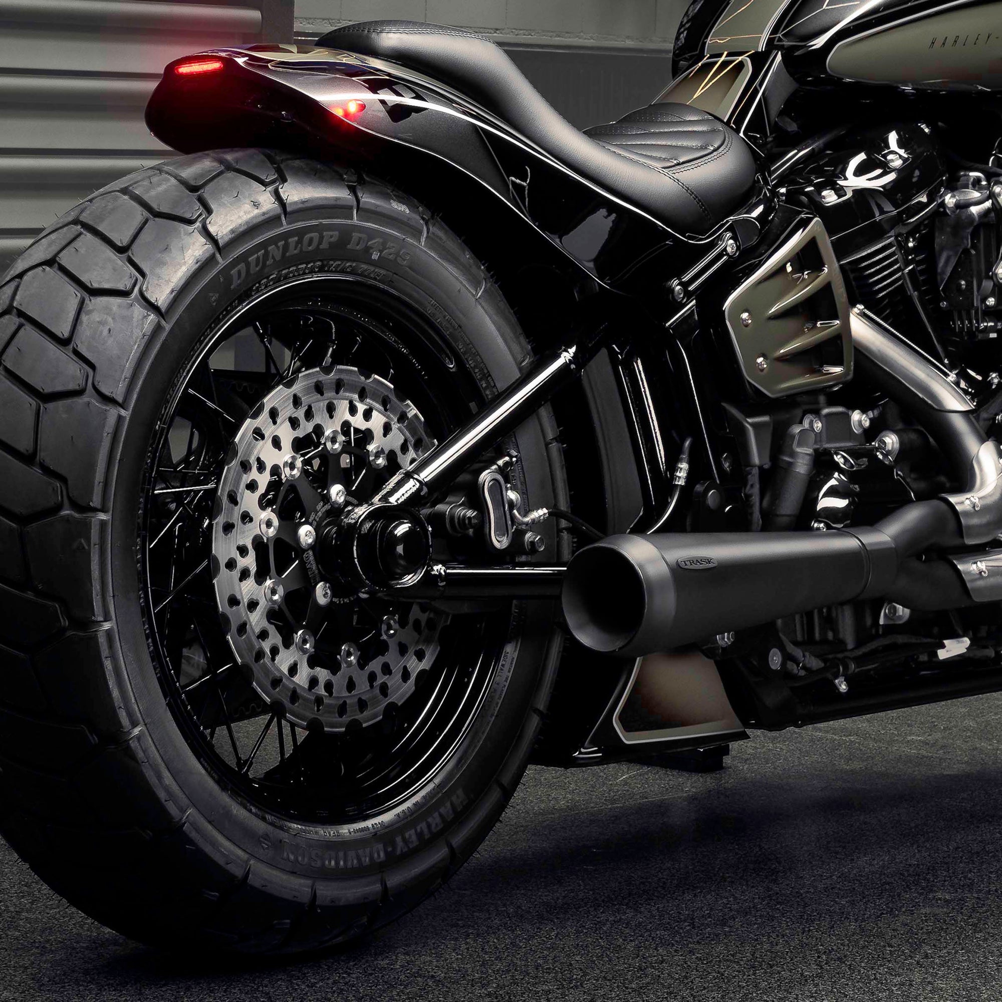 Zoomed Harley Davidson Street Bob motorcycle with Killer Custom parts from the side 