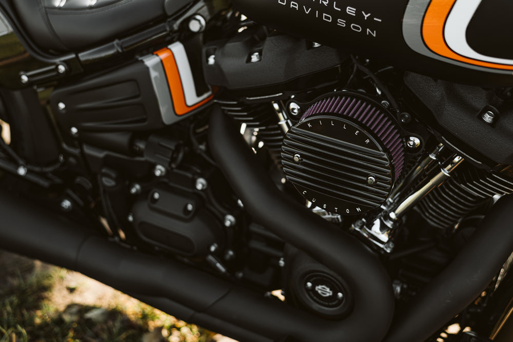 Zoomed Harley Davidson motorcycle with Killer Custom  air filter cover for air cleaner kit from the side