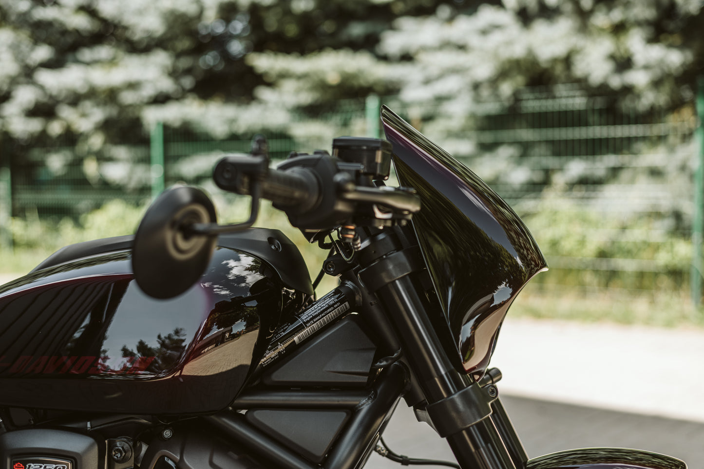 Harley Davidson motorcycle with Killer Custom Harley Davidson "Road Warrior" headlight fairing mask from the side outside on a sunny day with blurred trees in the background