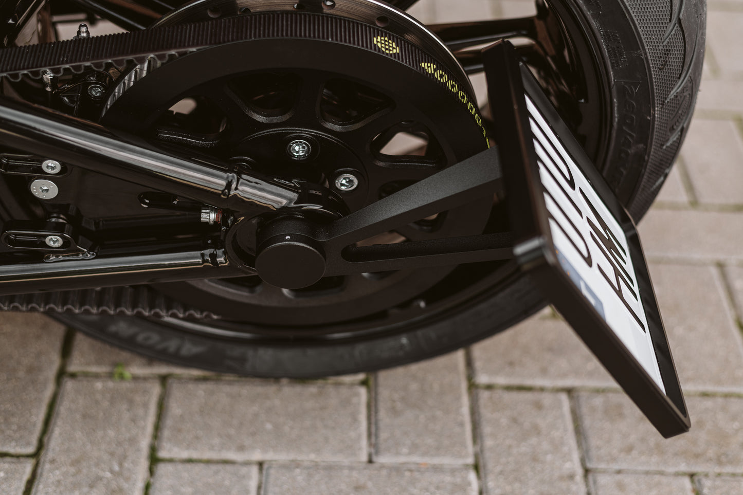 Zoomed Harley Davidson motorcycle with Killer Custom license plate bracket from the side