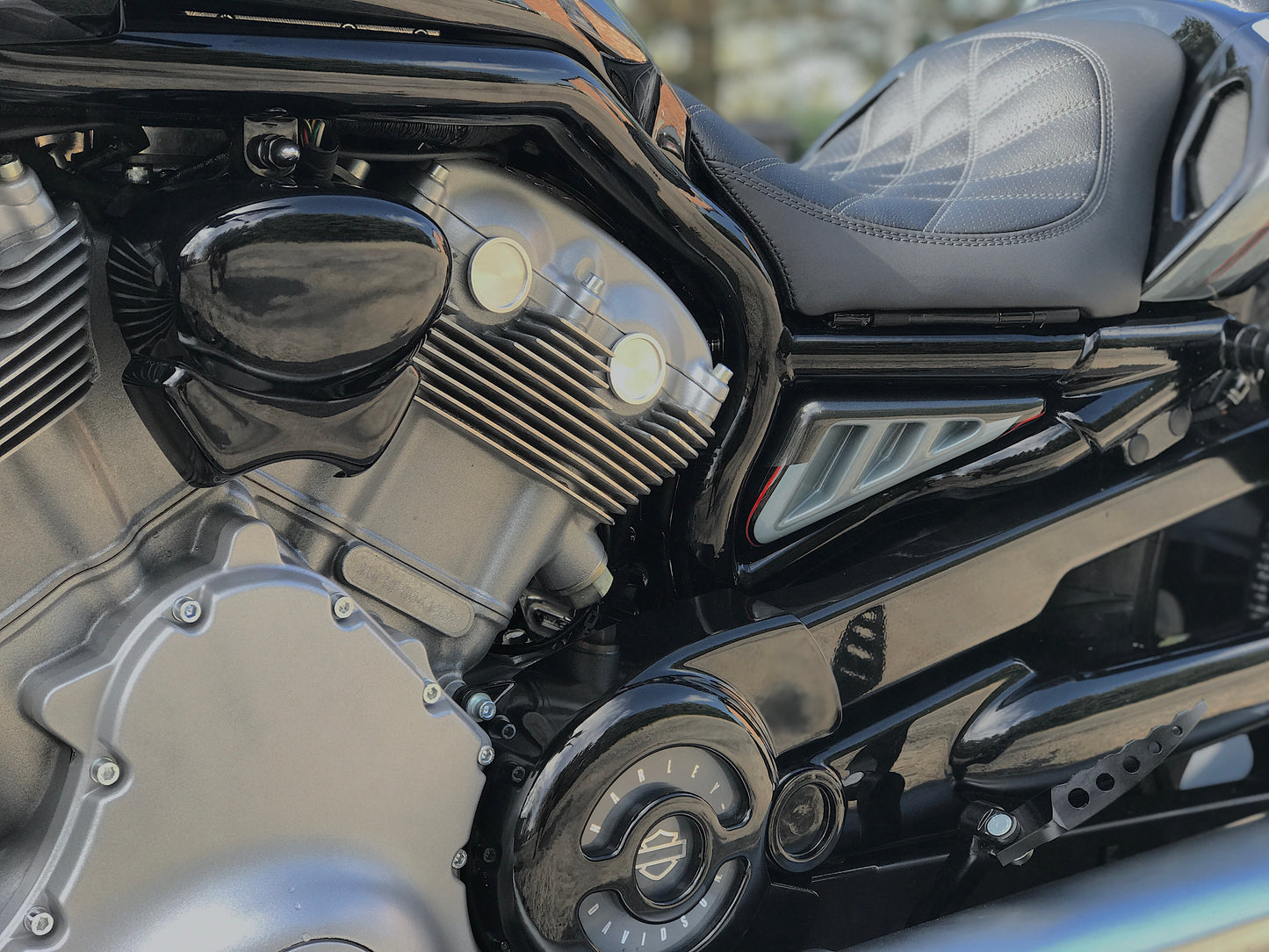 Zoomed Harley Davidson motorcycle with Killer Custom V-Rod "Mustang" tank frame side covers from the side