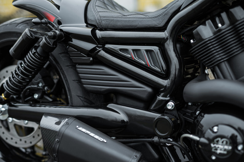 Zoomed Harley Davidson motorcycle with Killer Custom V-Rod 