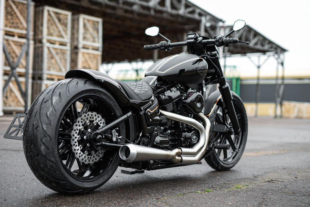 Harley Davidson motorcycle with Killer Custom rear brake rotor from the rear in an industrial environment