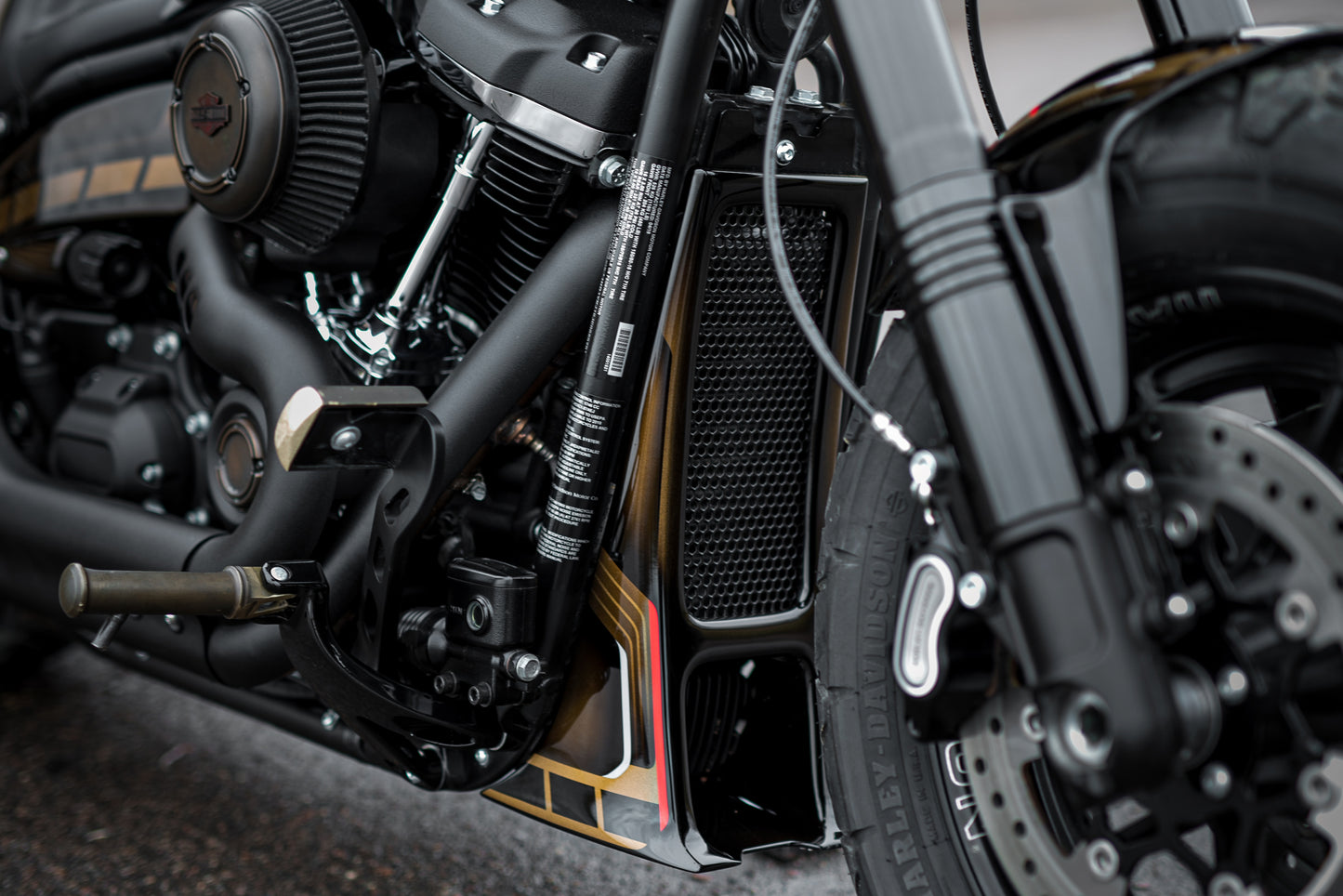 Zoomed Harley Davidson motorcycle with "Aggressor" series radiator cover from the side