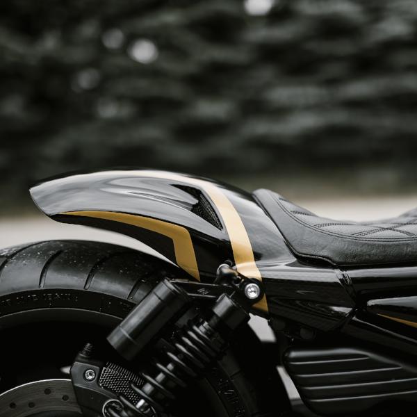 Zoomed Harley Davidson motorcycle with Killer Custom V-Rod rear fender blurry background