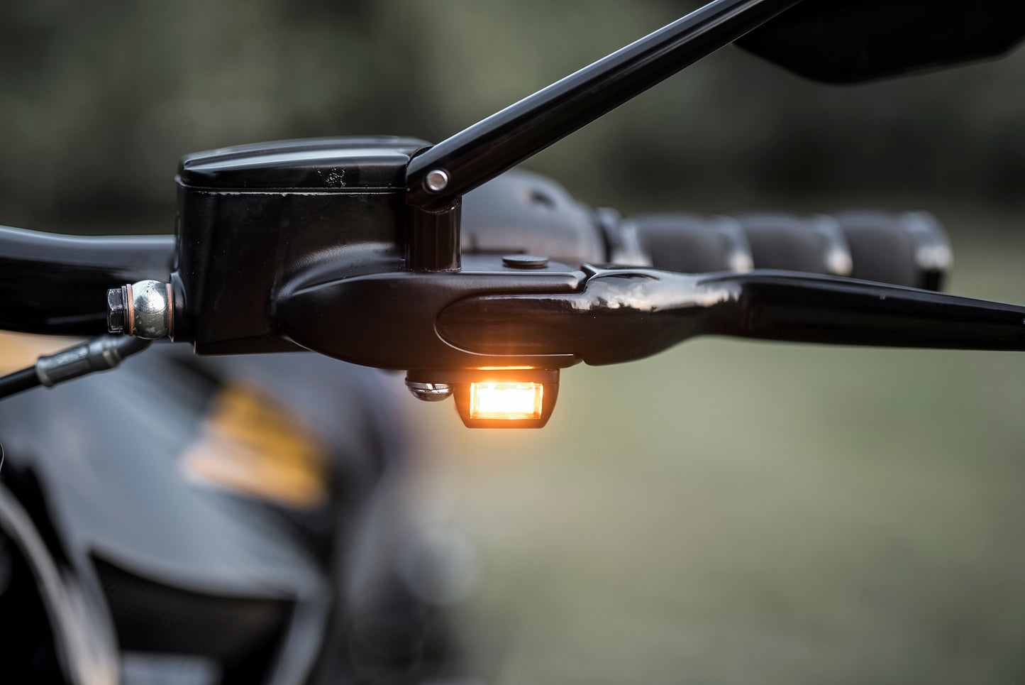 Zoomed Harley Davidson motorcycle with Killer Custom "Turbo" led turn signals from the front with a blurred nature background