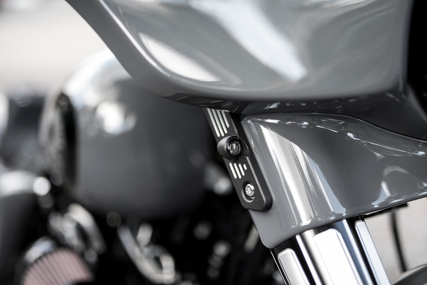 Zoomed Harley Davidson motorcycle with Killer Custom front LED turn signals