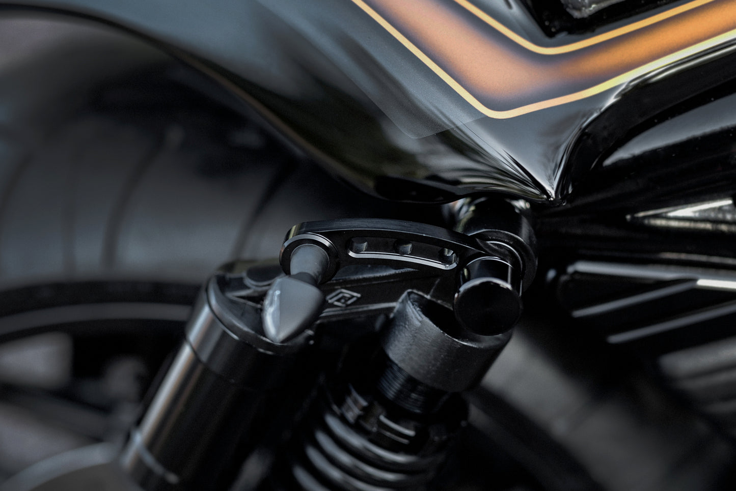 Zoomed Harley Davidson motorcycle with Killer Custom V-Rod billet turn signal bracket