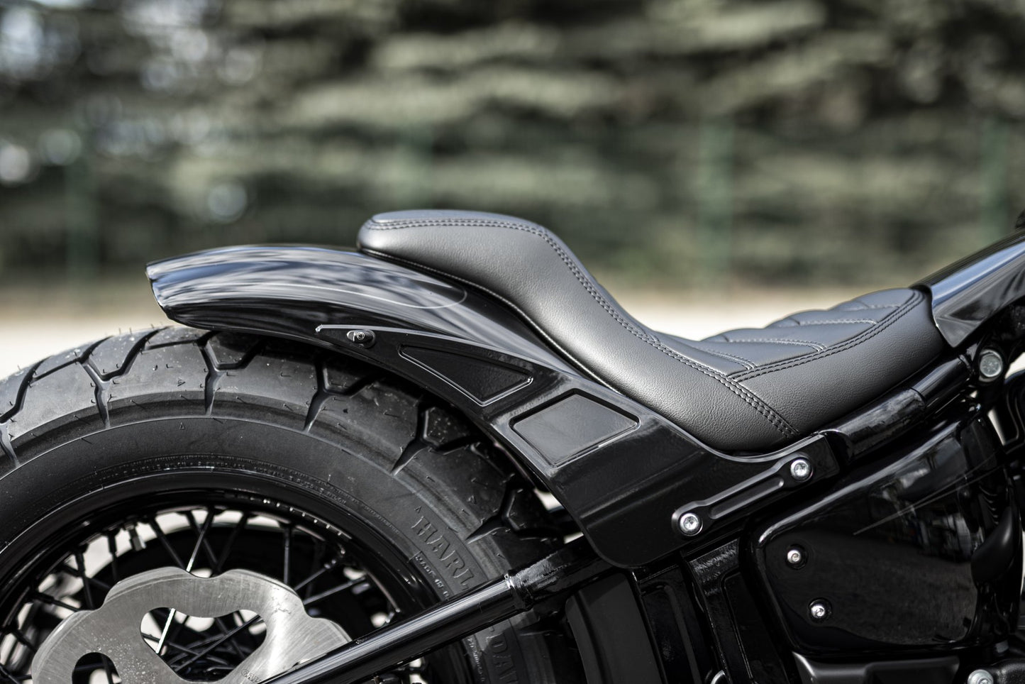 Zoomed Harley Davidson motorcycle with Killer Custom "Bobbstr" rear fender from the side green blurry background