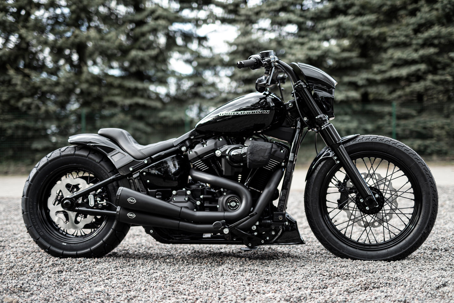 Harley Davidson motorcycle with Killer Custom front fender from the side outside with some trees in the background