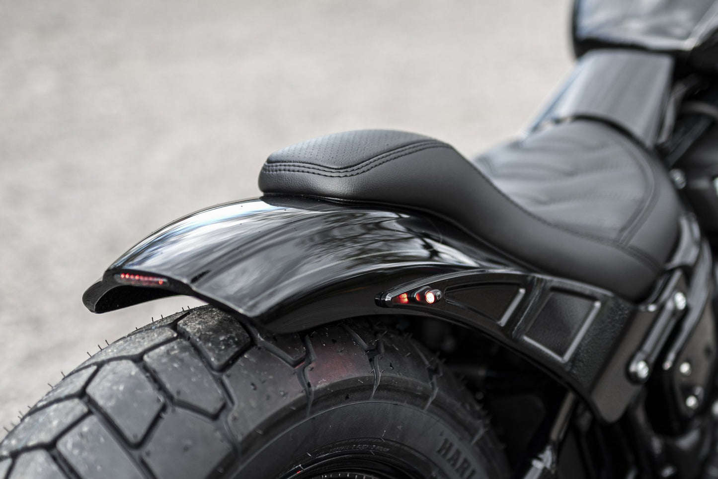 Zoomed Harley Davidson motorcycle with Killer Custom "Bobbstr" rear fender from the rear