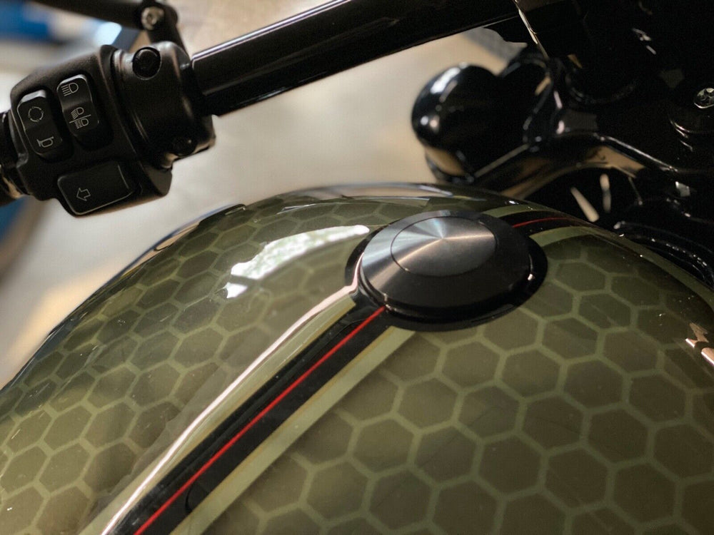 Zoomed Harley Davidson motorcycle with Killer Custom mount pop-up gas cap