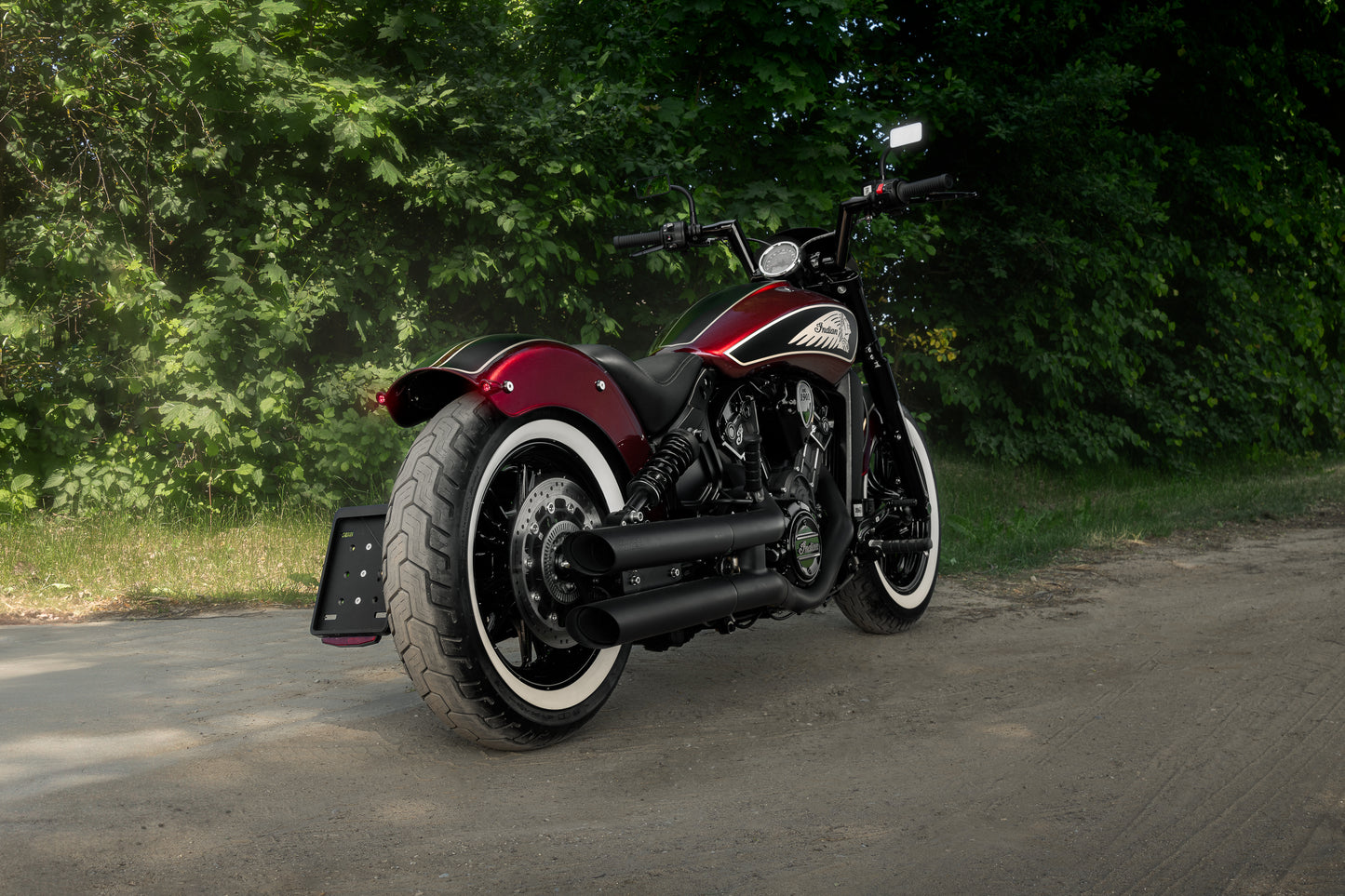 Harley Davidson motorcycle with Killer Custom "Apache II" rear fender from the rear by the side of the road with some trees in the background