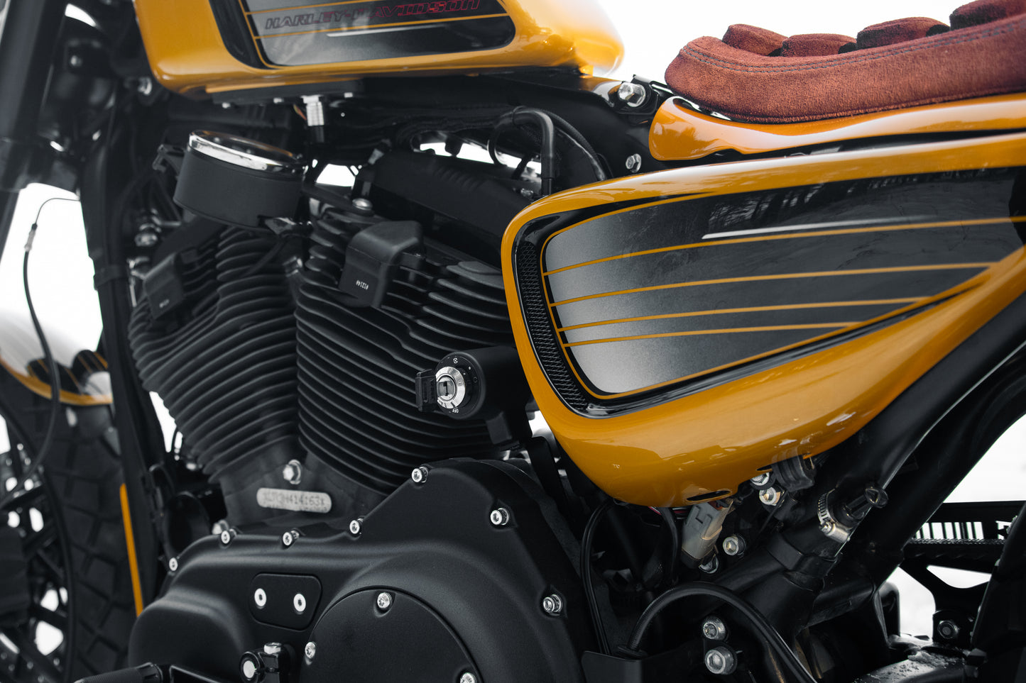 Zoomed Harley Davidson motorcycle with Killer Custom sporster side covers kit white background