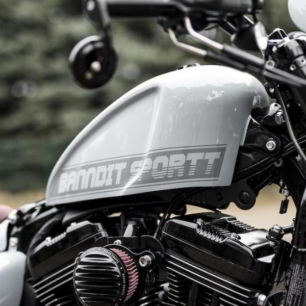 Zoomed Harley Davidson motorcycle with Killer Custom sportster gas tank cover with  blurry background