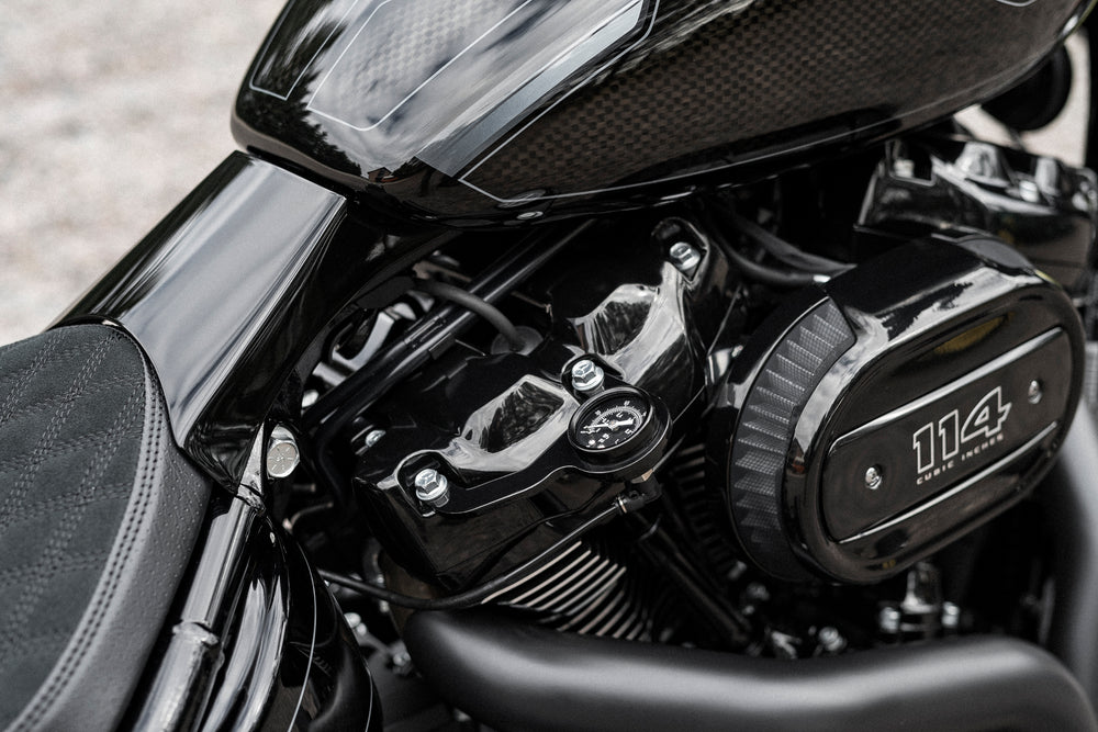 Zoomed Harley Davidson motorcycle with Killer Custom air ride pressure gauge kit