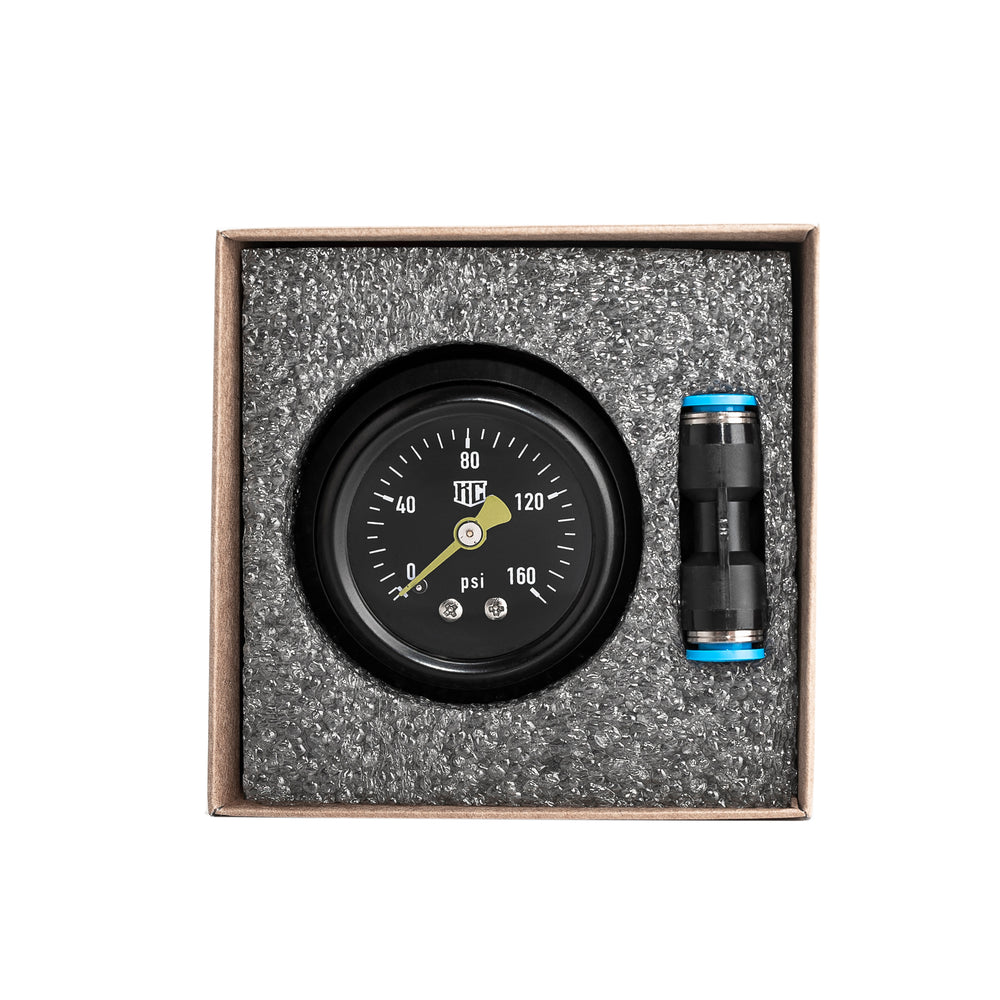 Harley Davidson air ride pressure gauge kit in a package box by Killer Custom white background